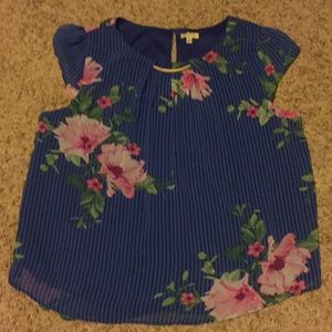 Striped Royal Blue Pink Floral Flutter Sleeve Top